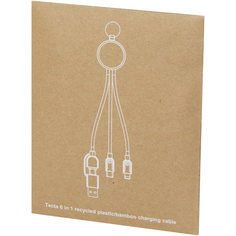Tecta 6-in-1 oplaadkabel van gerecycled plastic/bamboe met sleutelhanger
