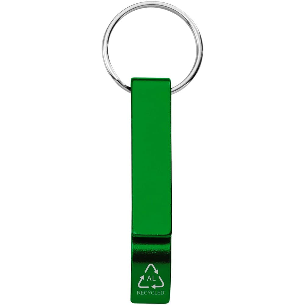 Tao fles- en blikopener van RCS gerecycled aluminium met sleutelhanger