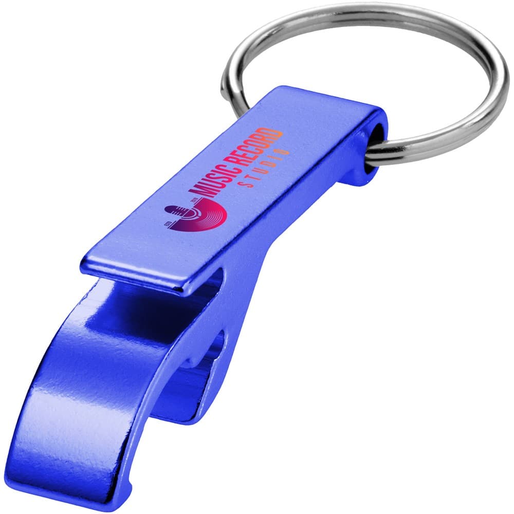 Tao fles- en blikopener van RCS gerecycled aluminium met sleutelhanger