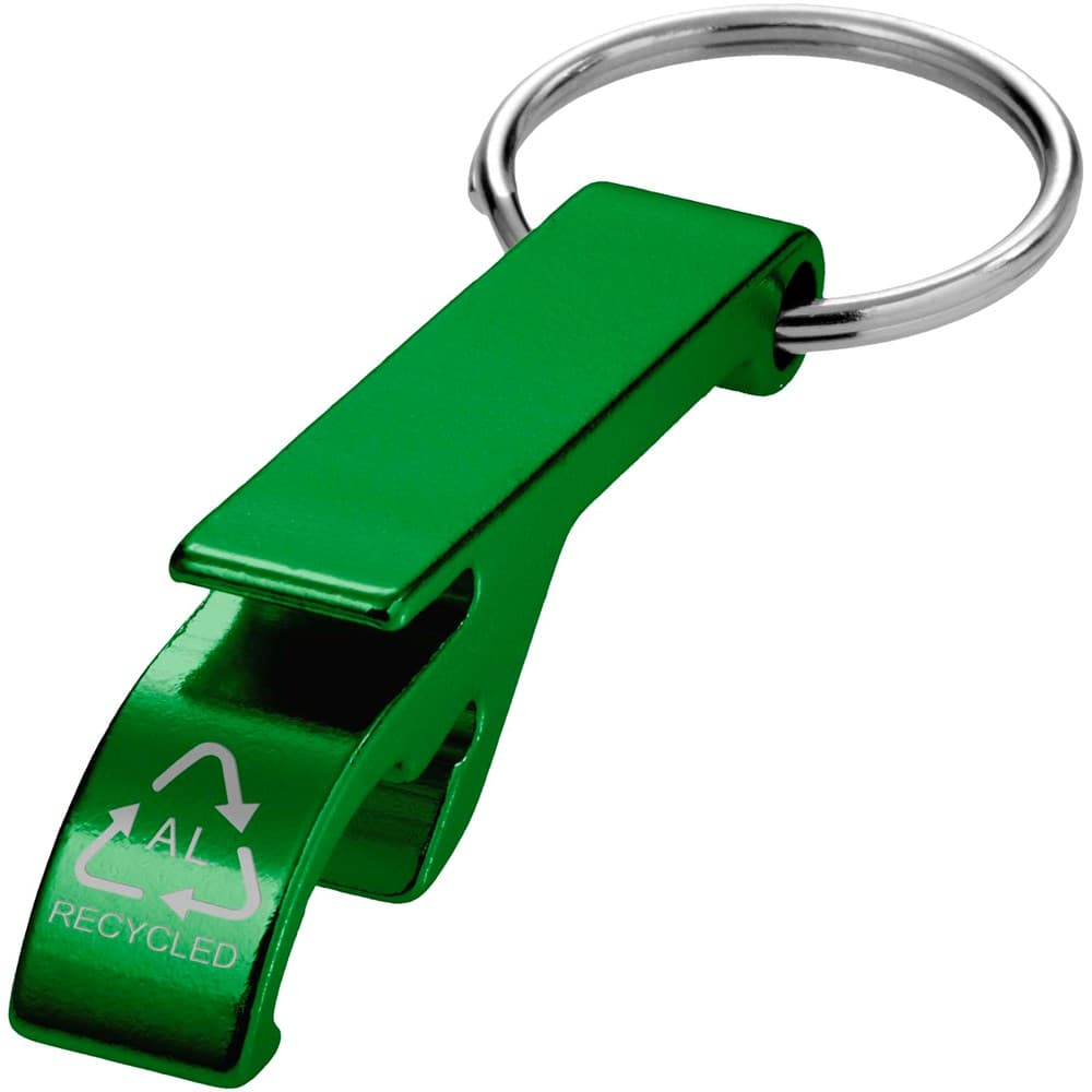 Tao fles- en blikopener van RCS gerecycled aluminium met sleutelhanger