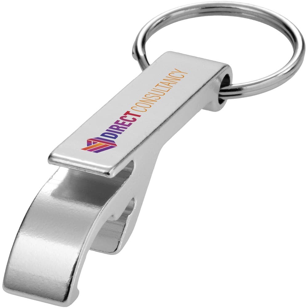 Tao fles- en blikopener van RCS gerecycled aluminium met sleutelhanger