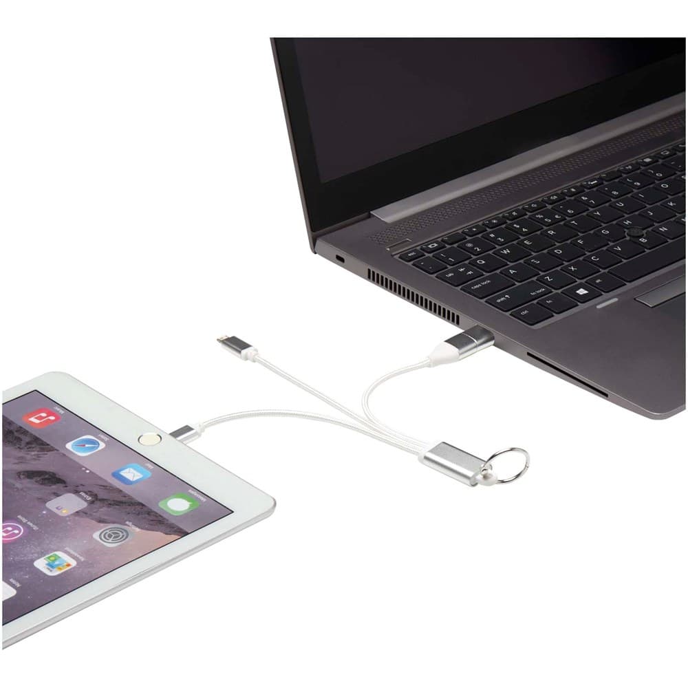 Metal 4-in-1 oplaadkabel van gerecycled aluminium met sleutelhanger