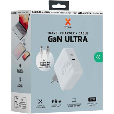 Xtorm XVC2067 GaN Ultra reislader van 67 W met USB-C PD kabel 100 W