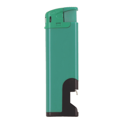 bedrukte groene elektronische aansteker met flesopener