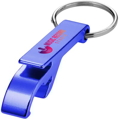 Tao fles- en blikopener van RCS gerecycled aluminium met sleutelhanger