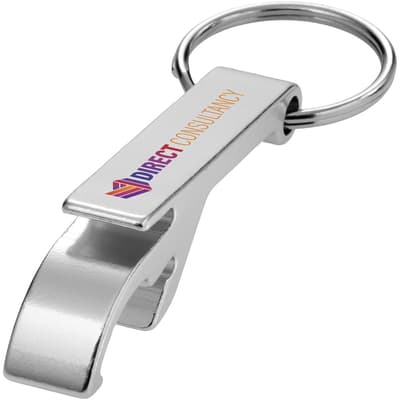 Tao fles- en blikopener van RCS gerecycled aluminium met sleutelhanger